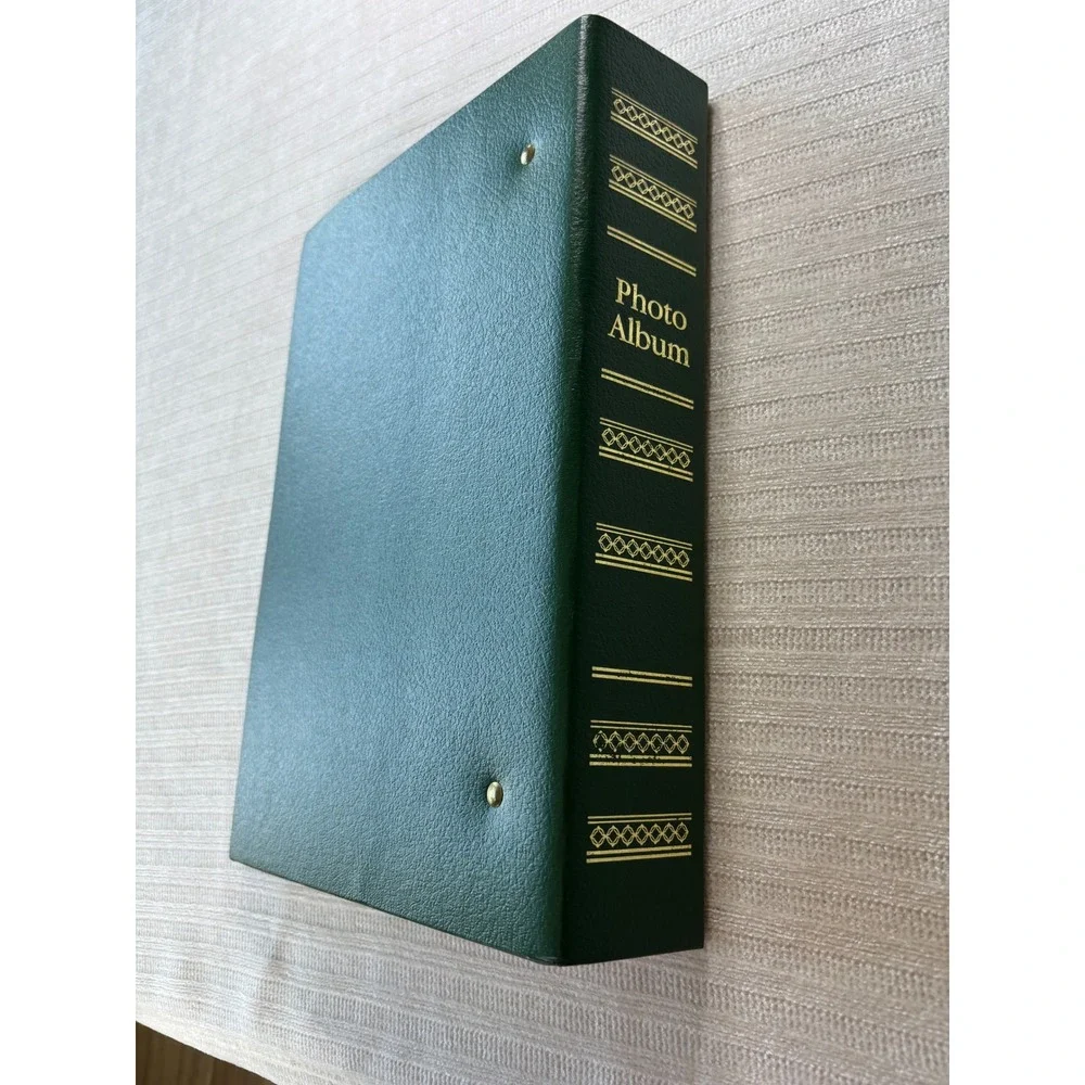 Vintage Green Faux Leather 3 Ring Binder Photo Album Gold Trim 4x6 Sleeves